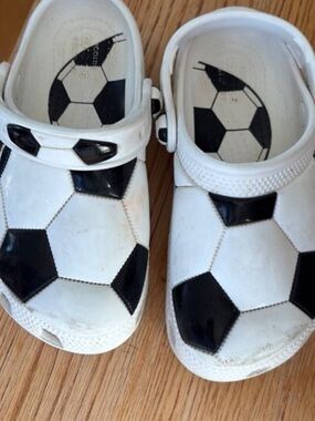 CROCS Kids Soccer Print Clog-Style Slip Ons in White & Black